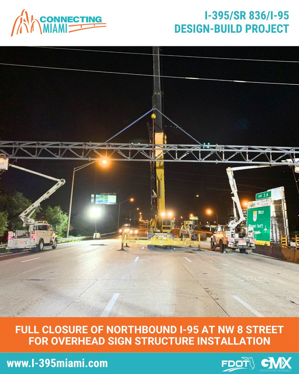 MyFDOT_Miami's tweet image. 🚧 Traffic Alert 🚧
🚦 Northbound I-95 will be completely closed at NW 8 Street on Tuesday, August 12, and Wednesday, August 13, for the safe installation of a new overhead sign structure.

Plan ahead, follow posted detours, and stay safe!
👉 Details here: tinyurl.com/yc482bxv