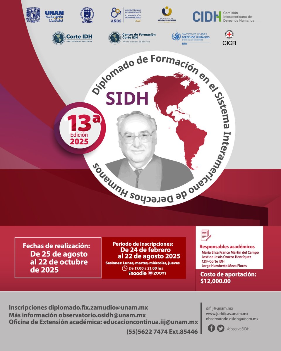 Ya están abiertas las inscripciones para la 13ª edición del Diplomado de Formación en el Sistema Interamericano de Derechos Humanos “Héctor Fix Zamudio”, iniciativa que es apoyada por la Corte IDH.

🗓️ Inscripción disponible del 24 de febrero al 22 de agosto de 2025.
✍🏽 Correo