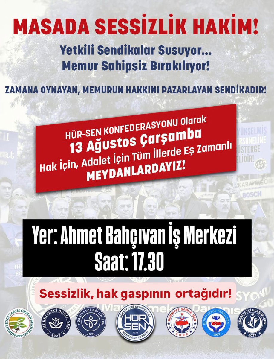 📢 Memurun sesi olmak için, hakkı savunmak için
13 Ağustos Çarşamba günü saat 17.30’da
📍 Ahmet Bahçıvan İş Merkezi önünde buluşuyoruz.

HÜR-SEN KONFEDERASYONU olarak tüm illerde eş zamanlı meydanlardayız!
Gelin, hakkımıza sahip çıkalım! ✊
<a href="/leventkuruoglu/">Levent Kuruoğlu</a> 
<a href="/tunahannozturrk/">Tunahan Öztürk</a>