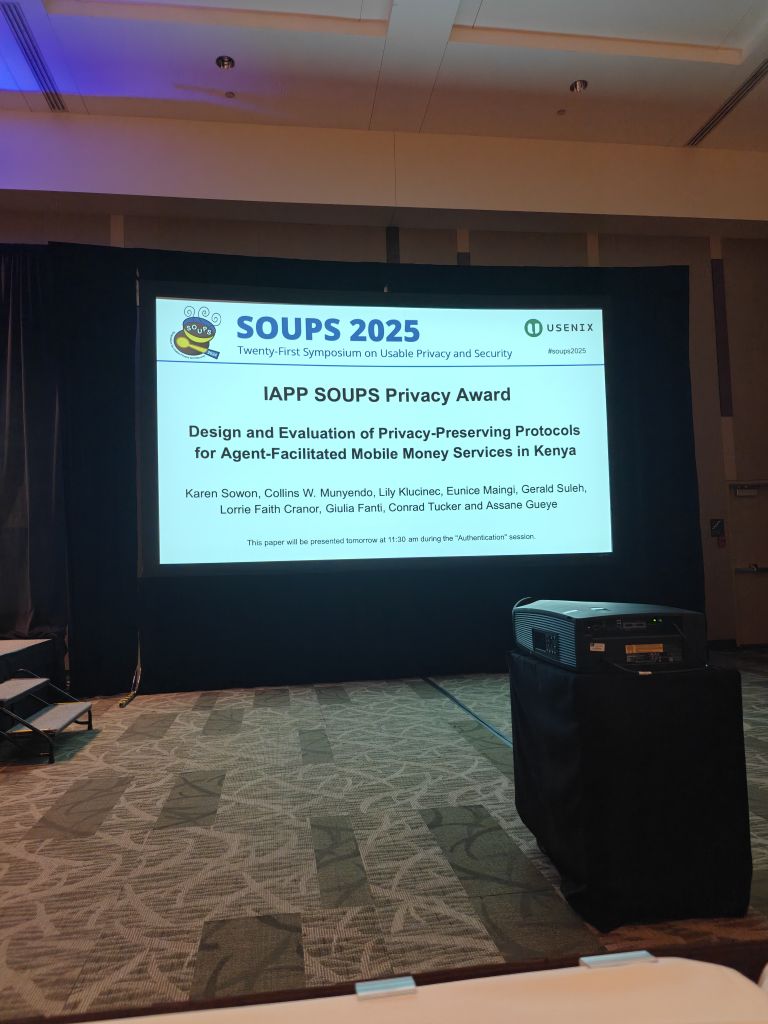 CyLab (@cylab) on Twitter photo Congratulations to the research team that was recognized today with <a href="/the_iapp/">IAPP</a> <a href="/SOUPSConference/">Symposium on Usable Privacy and Security</a> Privacy Award, featuring <a href="/CyLab/">CyLab</a> and <a href="/cmu_africa/">Carnegie Mellon University Africa</a>/<a href="/upanzi_network/">The Upanzi Network at CMU-Africa</a> researchers <a href="/kawinita/">Karen Sowon</a>, Lily Klucinec, <a href="/lorrietweet/">Lorrie Cranor</a>, <a href="/giuliacfanti/">Giulia Fanti</a>, <a href="/conradtucker/">conrad tucker</a>, and <a href="/gazoussly/">Assane Gueye</a>. #soups2025 Congratulations to the research team that was recognized today with <a href="/the_iapp/">IAPP</a> <a href="/SOUPSConference/">Symposium on Usable Privacy and Security</a> Privacy Award, featuring <a href="/CyLab/">CyLab</a> and <a href="/cmu_africa/">Carnegie Mellon University Africa</a>/<a href="/upanzi_network/">The Upanzi Network at CMU-Africa</a> researchers <a href="/kawinita/">Karen Sowon</a>, Lily Klucinec, <a href="/lorrietweet/">Lorrie Cranor</a>, <a href="/giuliacfanti/">Giulia Fanti</a>, <a href="/conradtucker/">conrad tucker</a>, and <a href="/gazoussly/">Assane Gueye</a>. #soups2025