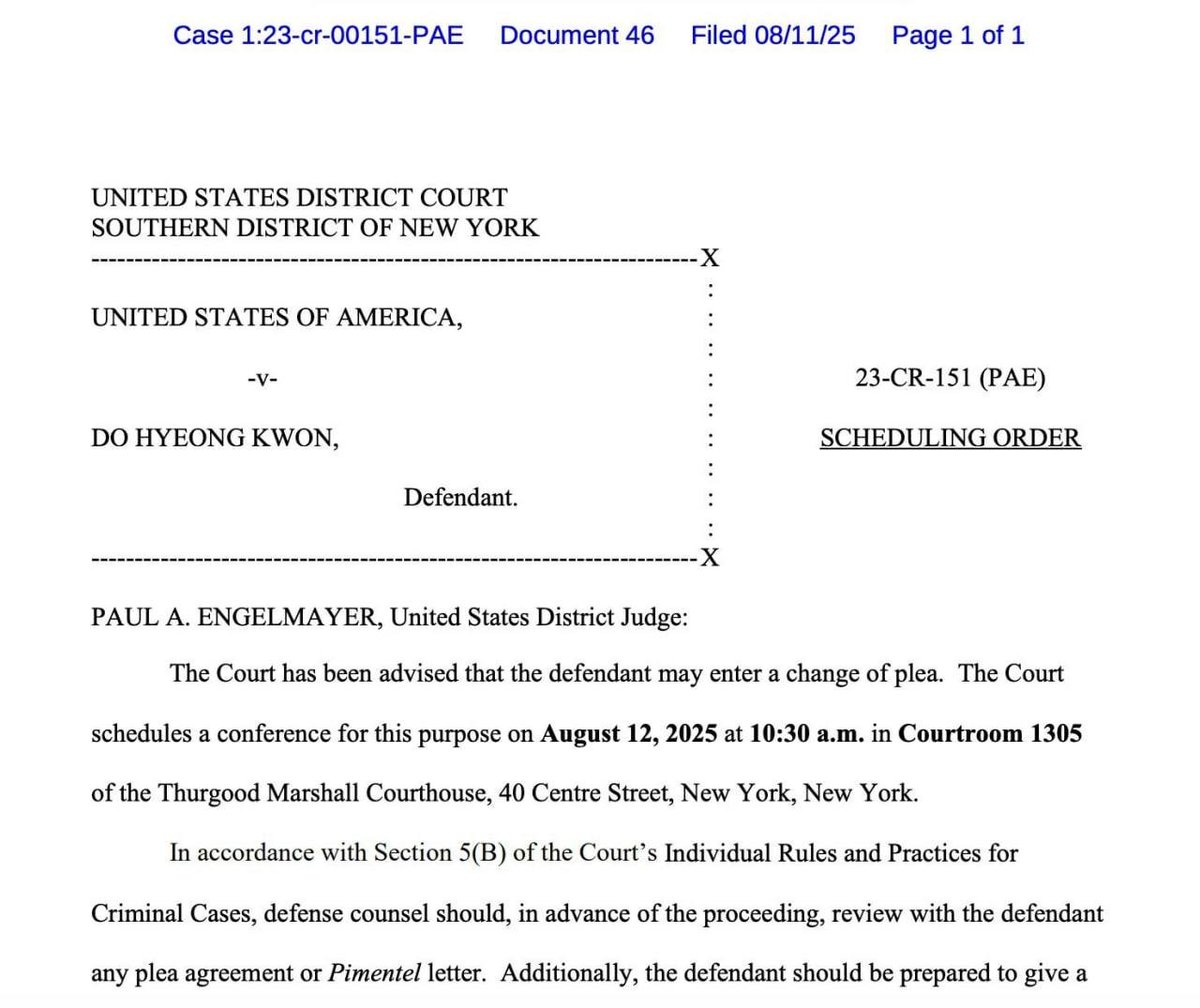 Court scheduling order for Do Kwon's change of plea hearing