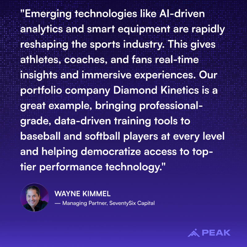 76Capital's tweet photo. Managing Partner @WayneKimmel was featured in the PEAK Future of USA SportsTech Report. Kimmel highlighted @DiamondKinetics as an emerging technology that is changing the sports industry with AI-driven analytics and smart equipment. 

#SportsTechVC