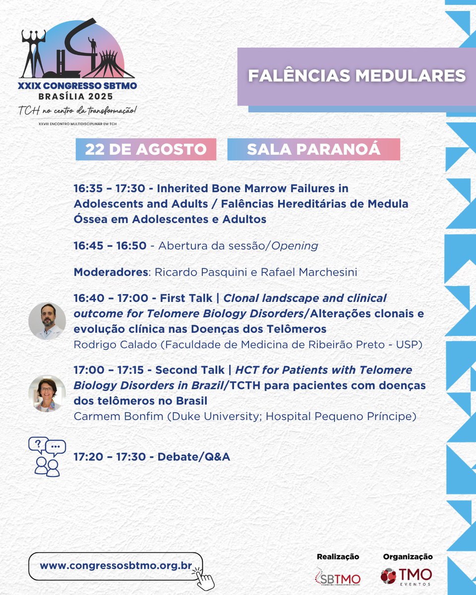 SBTMO's tweet photo. Confira a agenda do dia 22/08, onde teremos a tradicional Sessão Conjunta SBTMO–ABHH sobre Falências Medulares.

 🔗 Inscreva-se agora e garanta a sua vaga: https://t.co/2umOHoFWDZ

#SBTMO2025 #TCTH #FalênciasMedulares #Hematologia #CongressoSBTMO https://t.co/z9yPZfOeE3