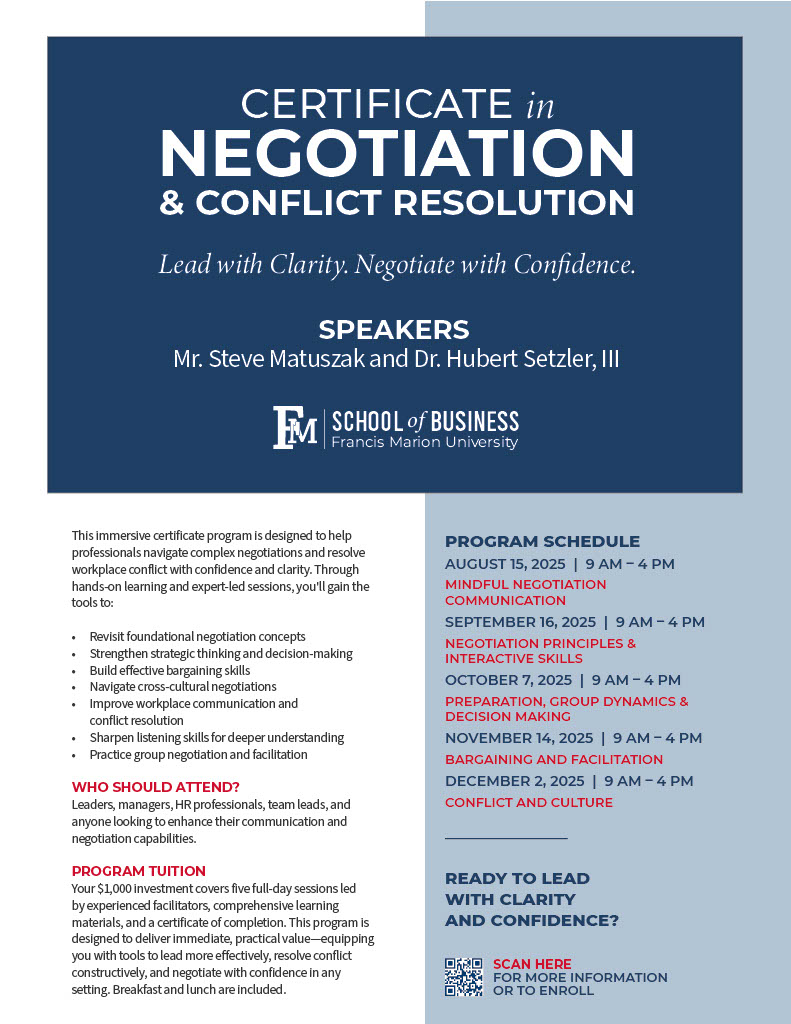 fmubschool's tweet photo. Time is running out to register!!! Earn your certificate in Negotiation and Conflict Resolution at Francis Marion University! https://t.co/7ciPPijH6M