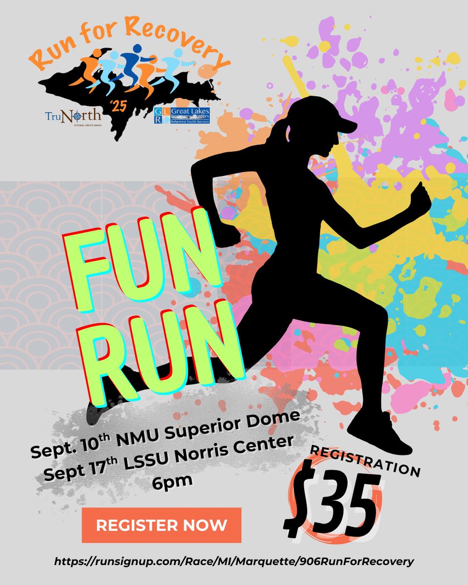 Don't miss out on all the fun at this year's Run for Recovery proudly presented by @trunorthfcu

Register today at runsignup.com/Race/MI/Marque…

All participants receive a T-shirt, sports shaker bottle, and a swag bag from area businesses.