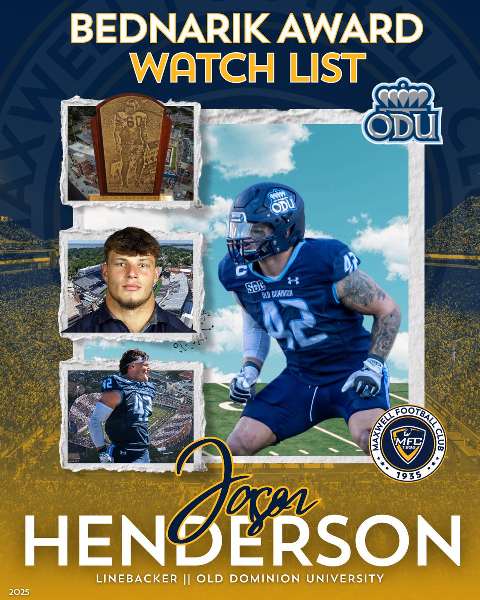 🏈 <a href="/ODUFootball/">ODU Football</a> ‘s <a href="/JasonH_42/">Jason Henderson</a> has been named to the #BednarikAward Watch List! 🏆#MaxwellFootball