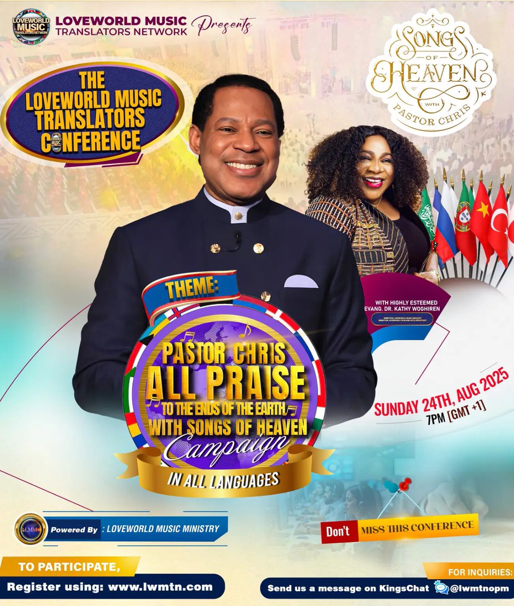 Loveworld Music Translators Network presents 🥁🥁🥁

👉 The Loveworld Music Translators Conference with the Highly Esteemed Evang. Dr. Kathy Woghiren

Theme: Pastor Chris — All Praise to the Ends of the Earth with Songs of Heaven Campaign in All Languages