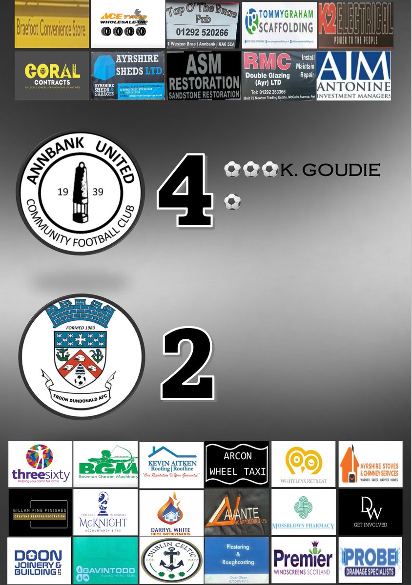 AnnbankUtdCFC's tweet photo. | Full Time | 

Annbank United CFC 4-2 Troon Dundonald AFC 

All the best to Troon  for their season! 

Thanks to our sponsors for this season! 

⚫️⚪️⚫️⚪️ https://t.co/bSLEVvuFyt