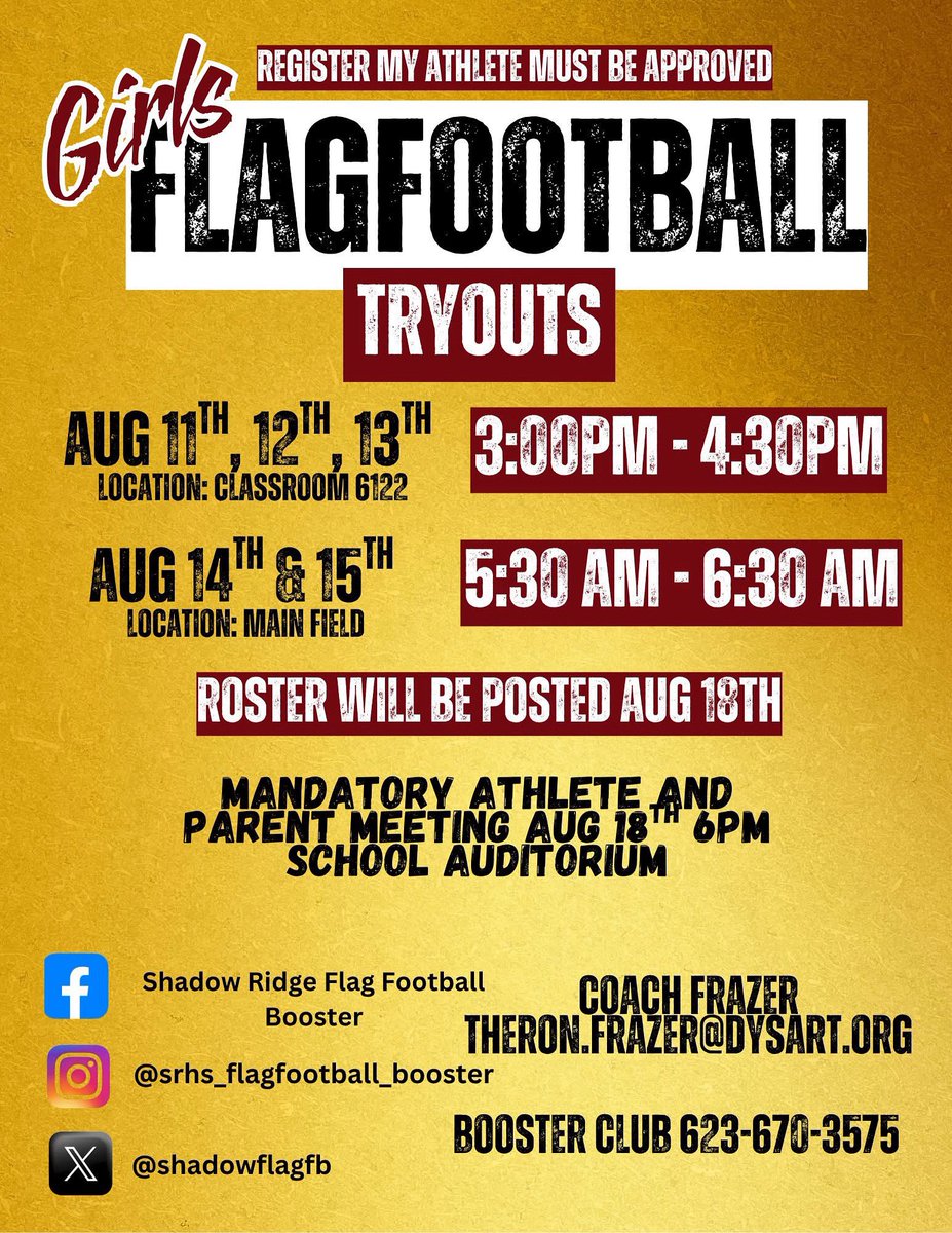 Shadow Ridge HS Girls Flag Football (@shadowflagfb) on Twitter photo Tryouts start today!! Drink lots of water. Note time change for Thursday and Friday. <a href="/ShadowRidgeHS/">Shadow Ridge HS</a> Tryouts start today!! Drink lots of water. Note time change for Thursday and Friday. <a href="/ShadowRidgeHS/">Shadow Ridge HS</a>