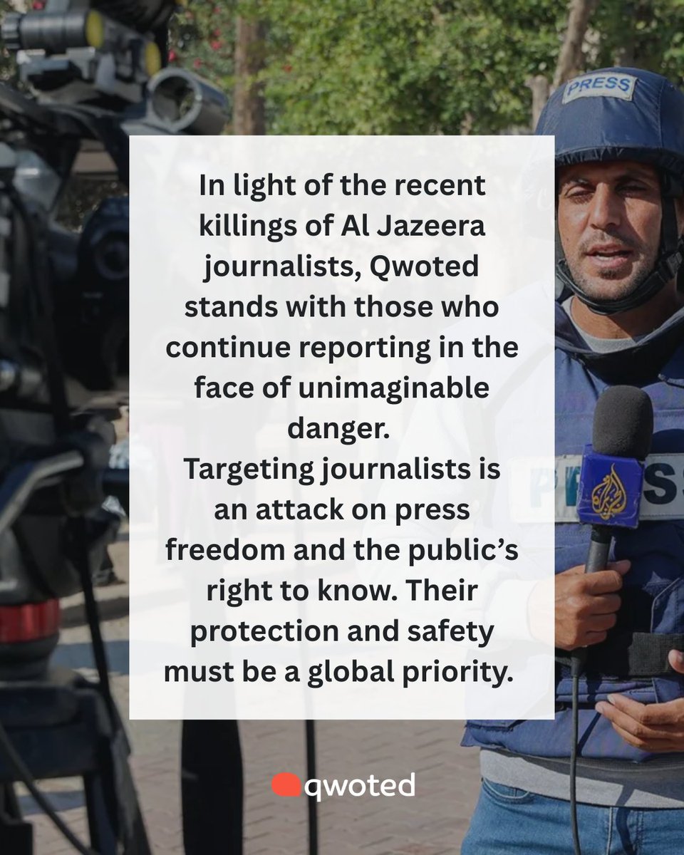 Five <a href="/AlJazeera/">Al Jazeera PR</a> reporters were killed in a targeted Israeli air strike near Al-Shifa hospital. Qwoted stands with Al Jazeera and journalists worldwide. Without their safety, there is no free press, and without a free press, the public loses access to the truth. Photo Credit: <a href="/AFP/">AFP News Agency</a>