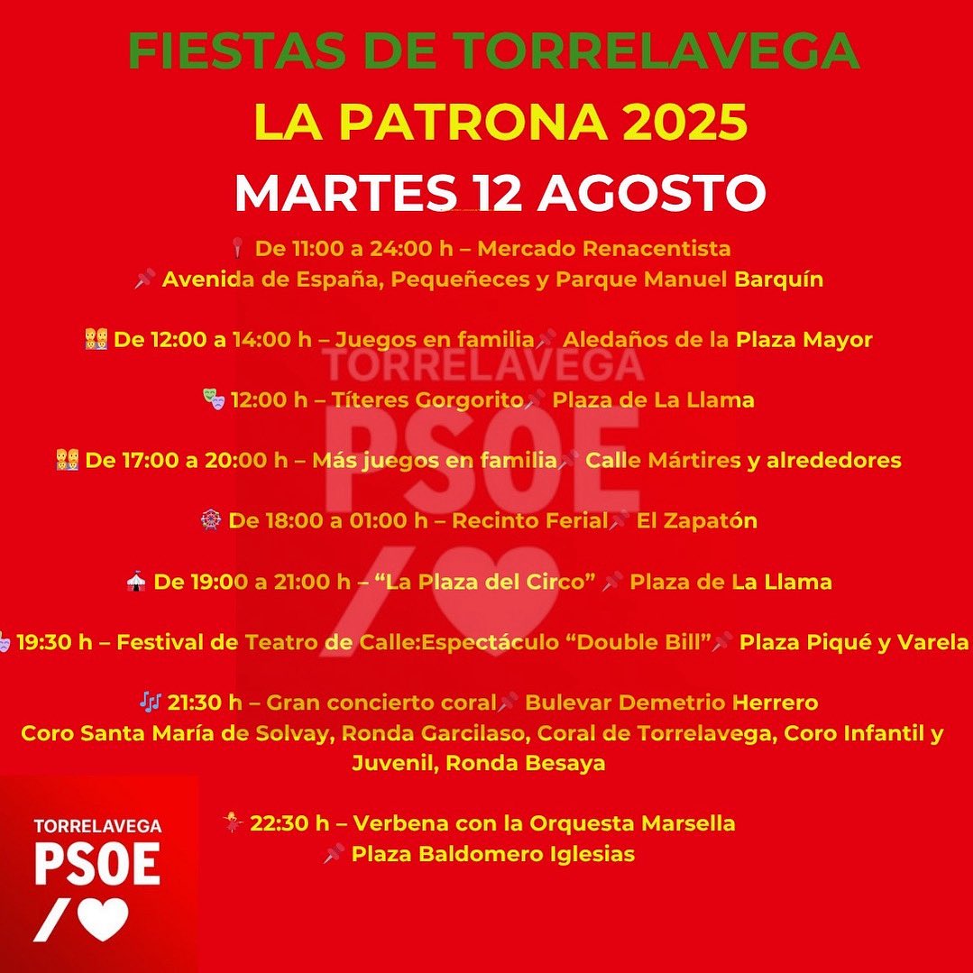 Que no se despista nadie que este martes #Torrelavega se llena música, teatro y muchas sorpresas para toda la familia con esta programación de la concejalía de Festejos de <a href="/Porti_Patri/">Patricia Portilla</a>