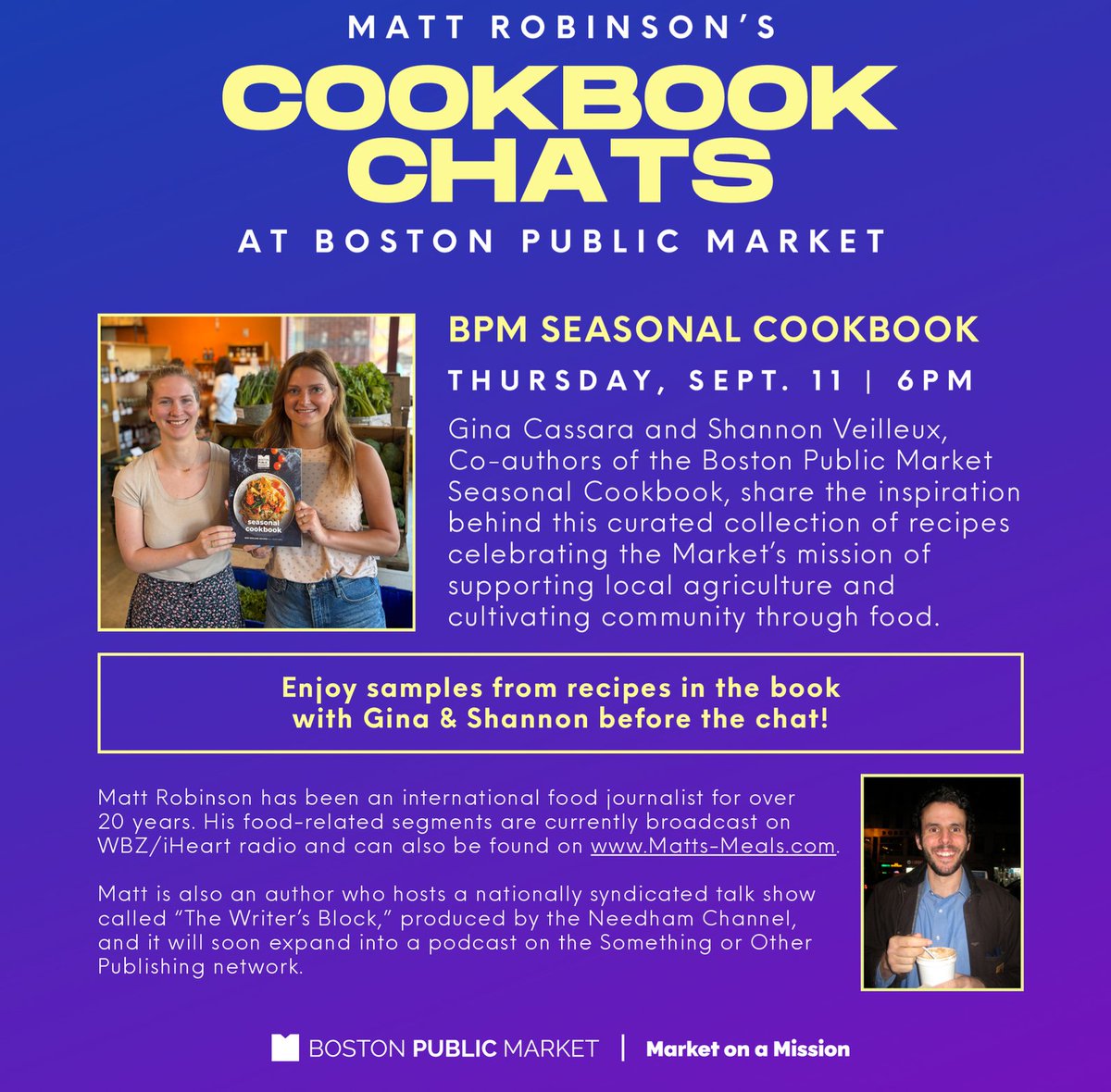 On September 11, I will be hosting the first of my Cookbook Chat series at bostonpublicmarket.org
Please drop by if you can and please let me know if any other authors want to be on my show (needhamchannel.org/the-writers-bl…)
or want to host LIVE talks