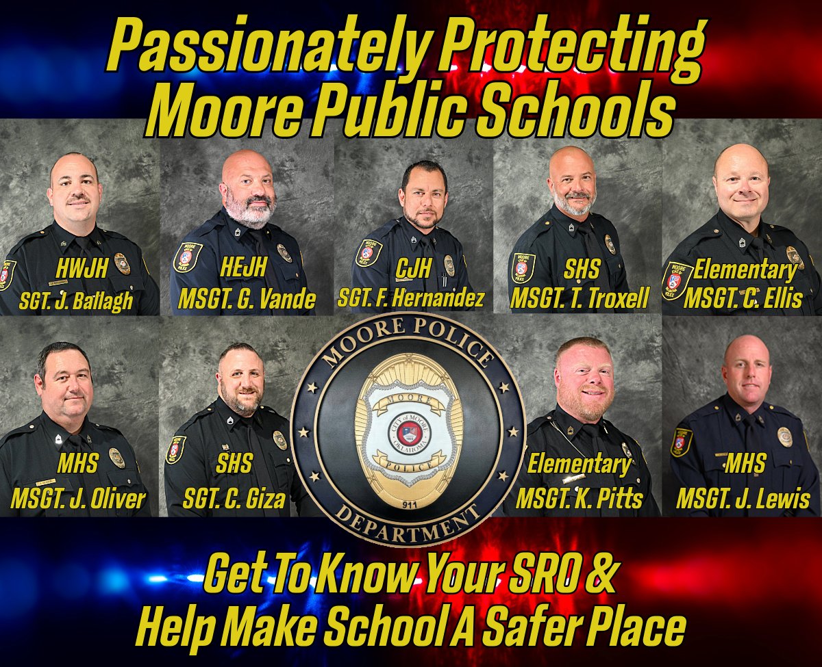 MoorePolice's tweet image. 🚓KNOW YOUR SRO!✏️ We love our schools and are looking forward to another incredible school year! Here are your @MoorePublicSch School Resource Officers for 25-26🎒 #moorestrong #backtoschool #srospotlight #SafeSchools