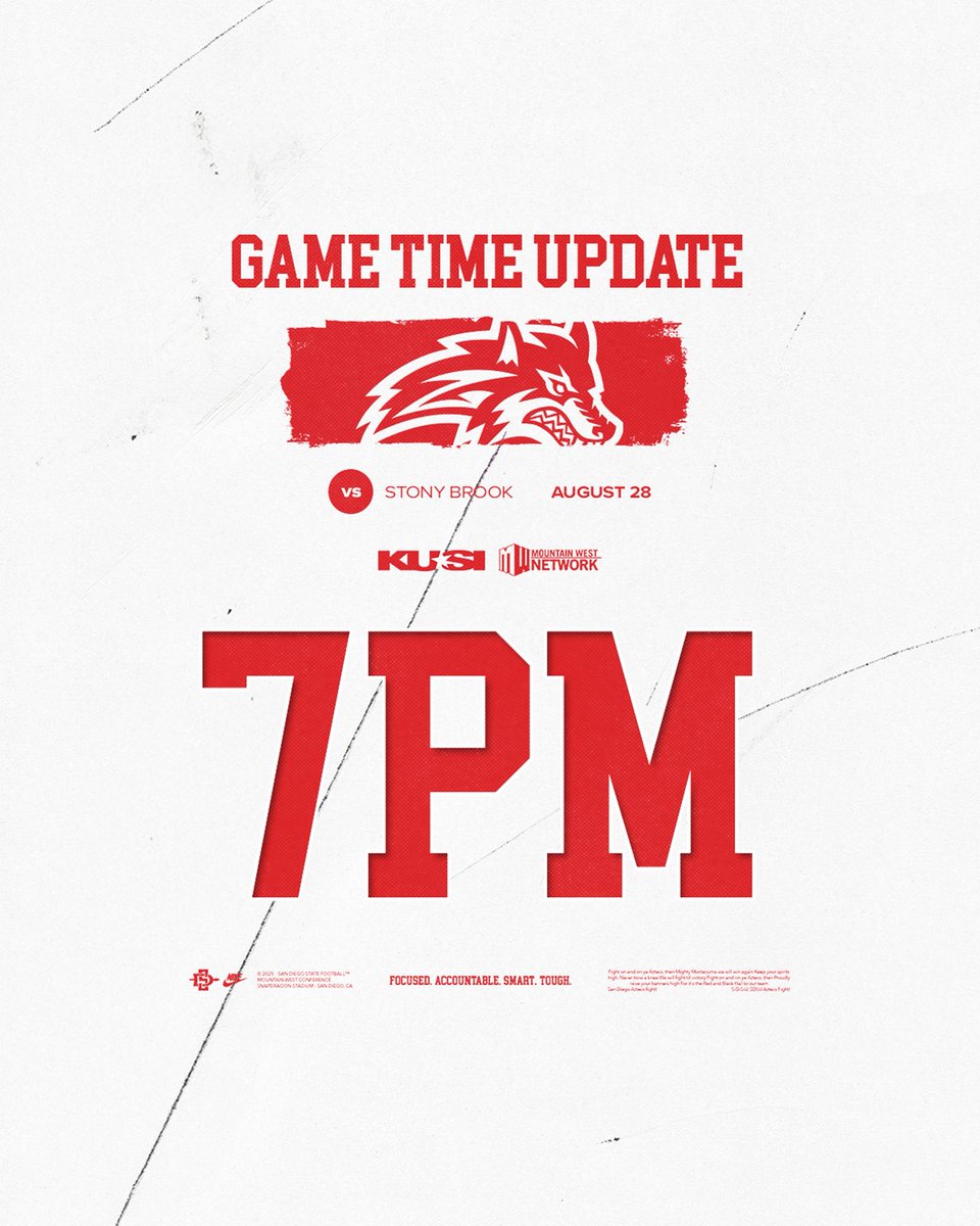 Our Aug. 28 opener against Stony Brook will start at 7 p.m. and will air locally on KUSI and will stream on the Mountain West Network.

Release: goaztecs.com/news/2025/08/1…

#AztecFAST 🍢 x #BeTheA1pha 🐺 x #TheClimb 📈