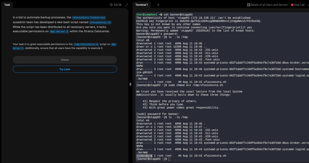 Azumah6Azumah's tweet image. Wrapped up Day 4 of the #100DaysOfDevOps challenge by @KodeKloudHQ
Today’s focus was on managing Linux file permissions by granting execute access to scripts for all users.
💪
Security + usability go hand in hand. 🔐💻
#DevOps #LearningInPublic #Linux #CloudComputing #Automation