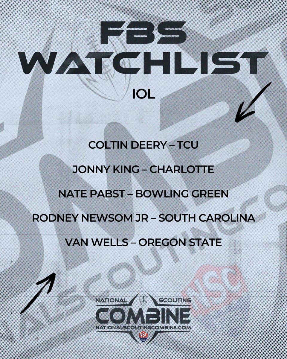 National Scouting Combine (@nscombine) on Twitter photo FBS Watchlist Week 10 🥶
We want to see YOU at NSC 2026! 🏝️🔥
<a href="/DeeryColtin/">Coltin Deery</a>
<a href="/jonathanking_52/">Jonny King</a>
<a href="/PabstNate/">Nate Pabst</a>
<a href="/rodneymuney/">Rodney “RJ” Newsom Jr.🎰</a>
<a href="/THErealVWells/">Van Wells 🌟🌟🌟</a>
nationalscoutingcombine.com
#ProductOfNSC #NSC2026 #ProFootball #Showcase #DraftEligible #Testing #Scoring FBS Watchlist Week 10 🥶
We want to see YOU at NSC 2026! 🏝️🔥
<a href="/DeeryColtin/">Coltin Deery</a>
<a href="/jonathanking_52/">Jonny King</a>
<a href="/PabstNate/">Nate Pabst</a>
<a href="/rodneymuney/">Rodney “RJ” Newsom Jr.🎰</a>
<a href="/THErealVWells/">Van Wells 🌟🌟🌟</a>
nationalscoutingcombine.com
#ProductOfNSC #NSC2026 #ProFootball #Showcase #DraftEligible #Testing #Scoring
