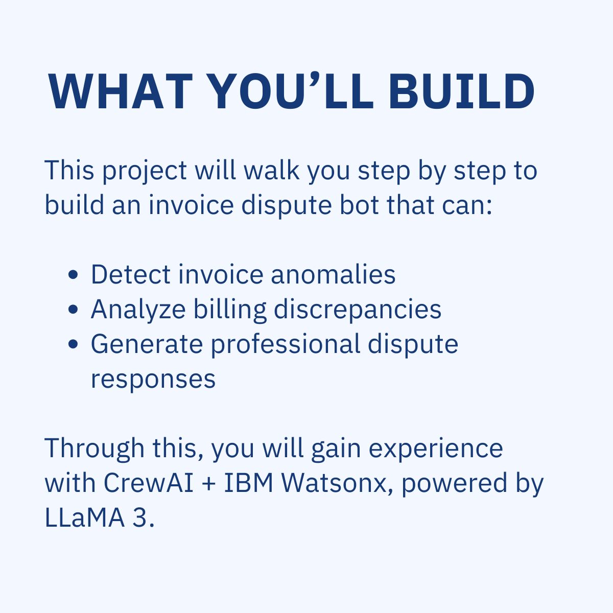 CognitiveClass's tweet image. Build Your Own Smart Invoice Dispute Bot in 40 Minutes

Automate billing dispute resolution with CrewAI and IBM Watsonx. Learn to design multi-agent AI systems that detect anomalies, validate data, and generate professional responses. No prior AI experience required, just follow…
