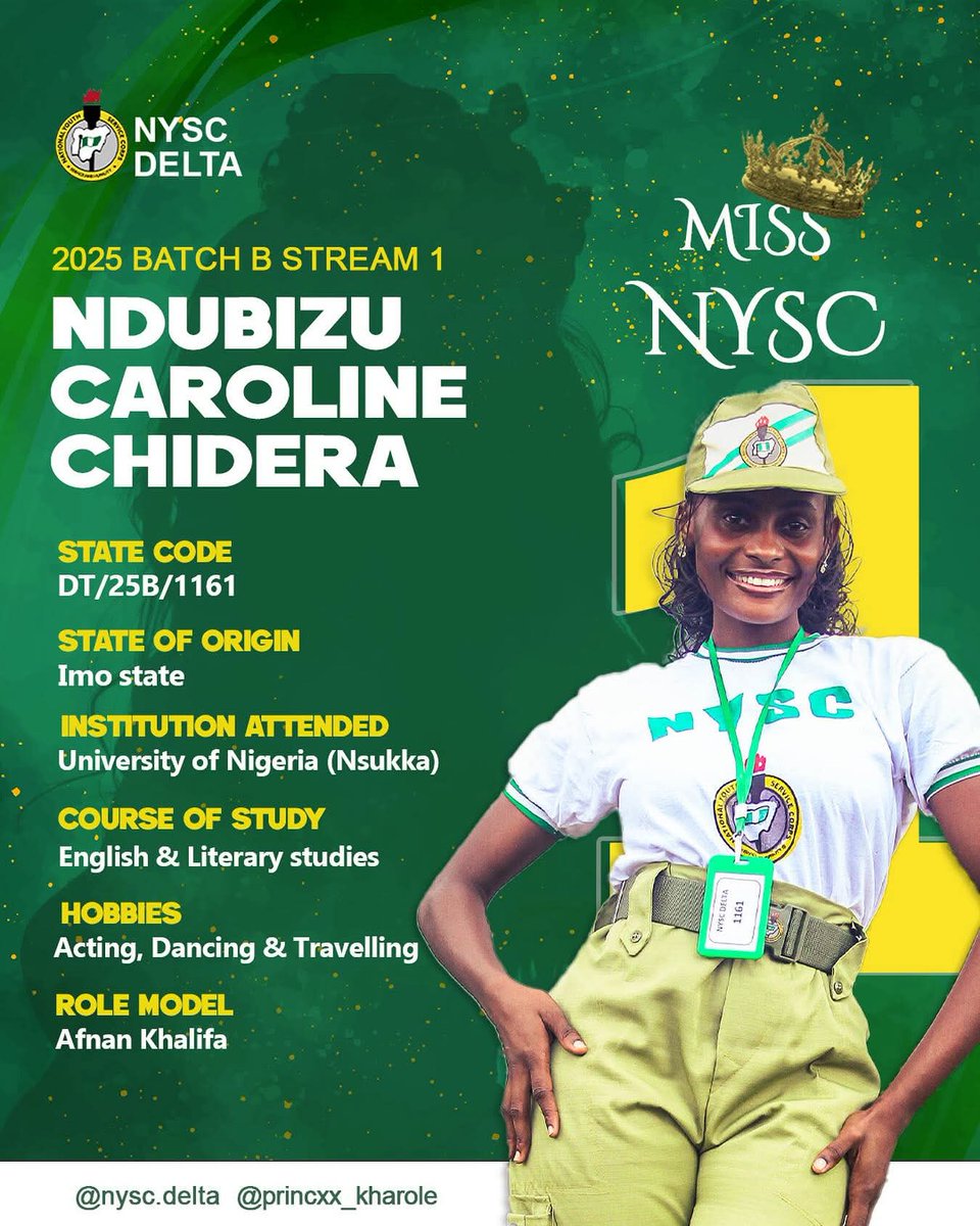 nysc360's tweet photo. 👑 Miss NYSC – NYSC Delta 2025 Batch B Stream 1
Beauty, brains, and service — who will take the crown tomorrow? 💚🤍💛

#NYSC2025 #BatchBStream1 #NYSCDelta #MissNYSC #CampVibes #CorperLife #GreenWhiteGold #OneNigeria #NYSCExperience #BeautyAndBrains #ExplorePage #TrendingNow #NaijaToTheWorld