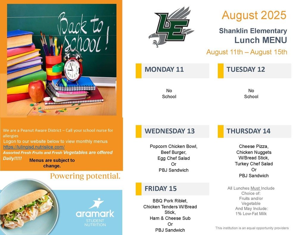 We’re kicking off the 2025–2026 school year with full bellies and happy hearts—because every student eats FREE every day at Luling ISD! 💚

Check out the menu for our first week back and start planning those favorites now.