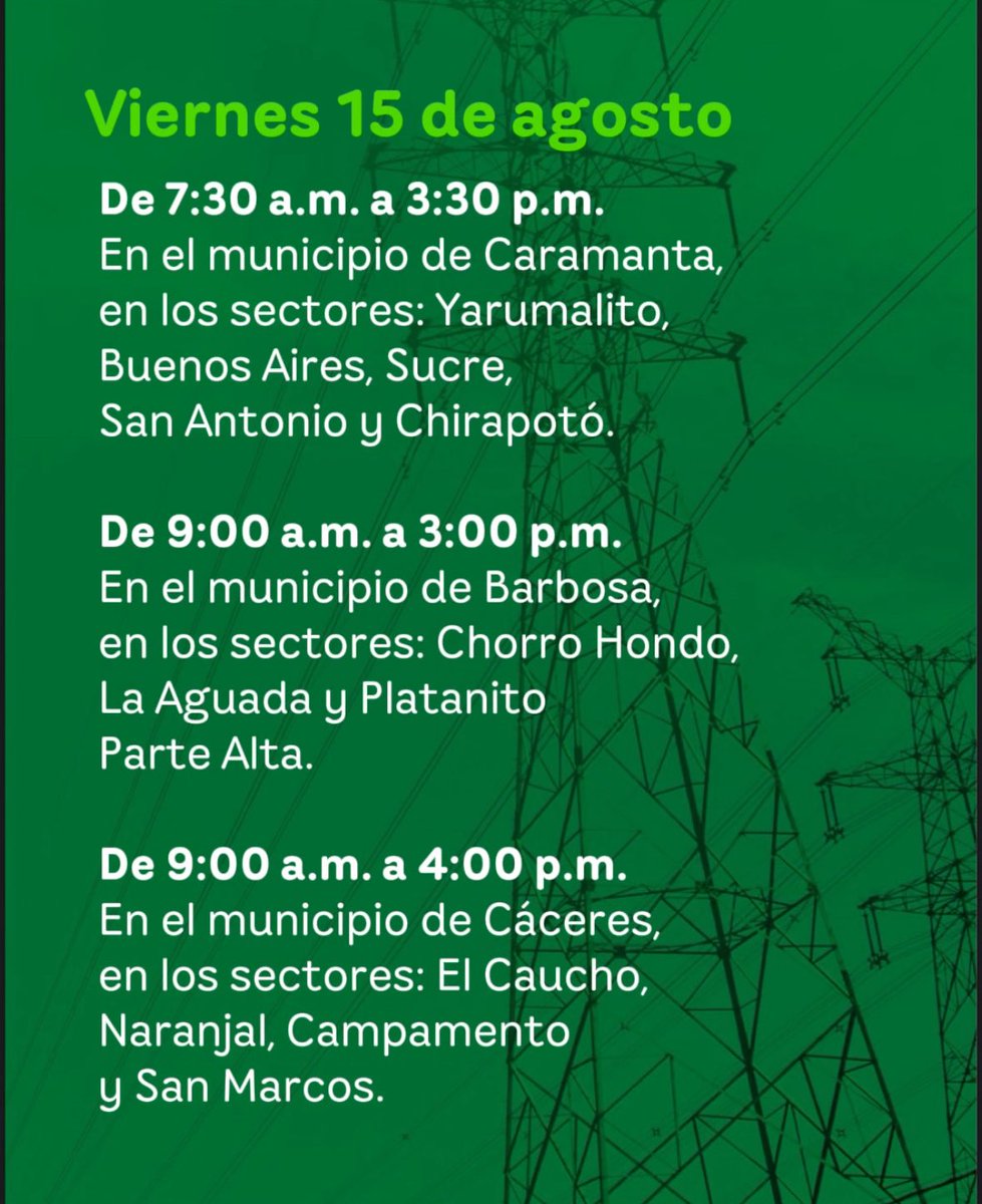 EPMestamosahi's tweet photo. ⚠️⚡Con el propósito de realizar labores de mantenimiento en la subestación y en las redes de subtransmisión del área de influencia, y así garantizar un servicio de #EnergíaEPM eléctrica con calidad y continuidad, se hace necesario suspender temporalmente el suministro en las siguientes localidades del departamento de Antioquia: