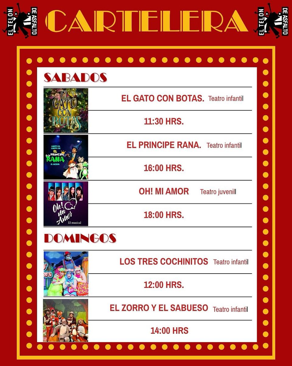 #Cartelera de fin de semana en #telondeasfalto. 🐸🐷🐱🦊🐶❤️‍🩹 #teatroinfantil🎭 #teatrojuvenil 

¡Los esperamos! ✨ 

🎟️ Boletos disponibles en taquilla y Ticketmaster.