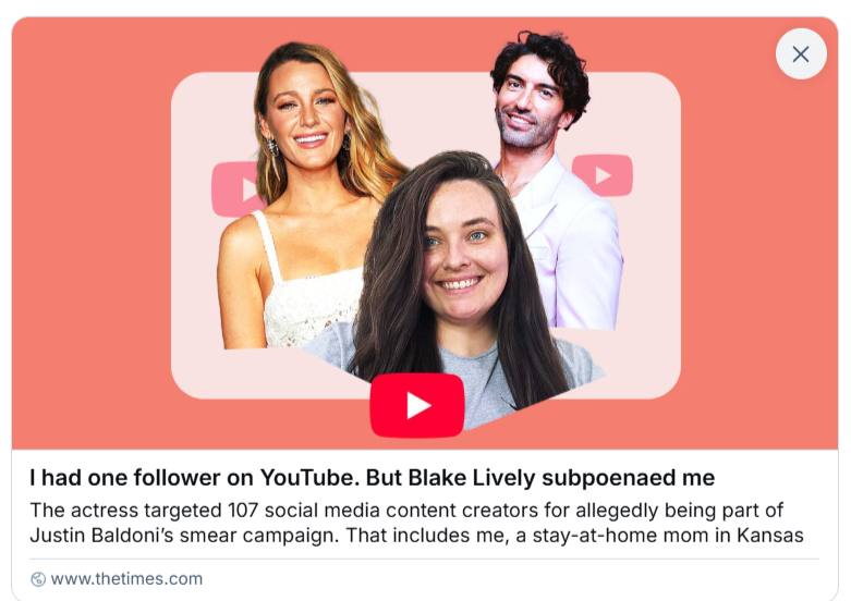 BrightlyAgain's tweet photo. I had one follower on YouTube. But #BlakeLively subpoenaed me
The actress targeted 107 social media content creators for allegedly being part of Justin Baldoni’s smear campaign. That includes me, a stay-at-home mom in Kansas
https://t.co/nQ8e2Mro7p https://t.co/W3ii4aXYH1