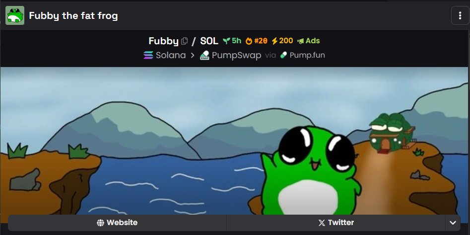 Fubbythefatfrog's tweet photo. $Fubby is now trending no. 20 on @dexscreener https://t.co/pCdxq6q2oa