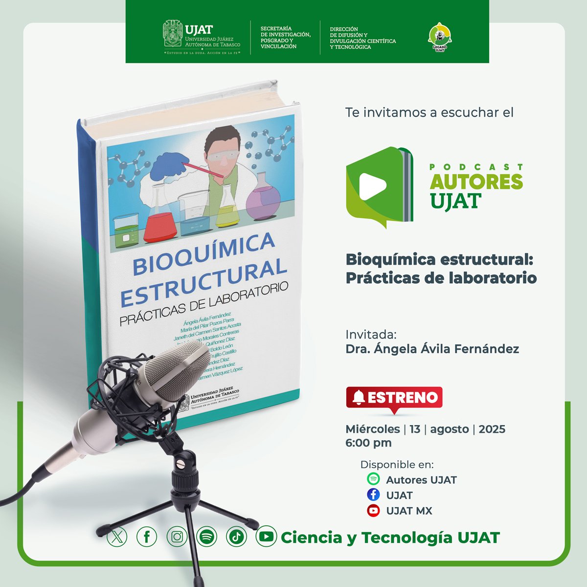 📢Te invitamos a ver y escuchar el #Podcast
#𝗔𝘂𝘁𝗼𝗿𝗲𝘀 𝗨𝗝𝗔𝗧 📖🎙📲🎚
𝐁𝐢𝐨𝐪𝐮𝐢́𝐦𝐢𝐜𝐚 𝐞𝐬𝐭𝐫𝐮𝐜𝐭𝐮𝐫𝐚𝐥: 𝐏𝐫𝐚́𝐜𝐭𝐢𝐜𝐚𝐬 𝐝𝐞 𝐥𝐚𝐛𝐨𝐫𝐚𝐭𝐨𝐫𝐢𝐨 🧪🧫🔬🧬
Invitada: Dra. Ángela Ávila Fernández 
.
#CienciaJuchiman #UJAT #cienciaparatodos