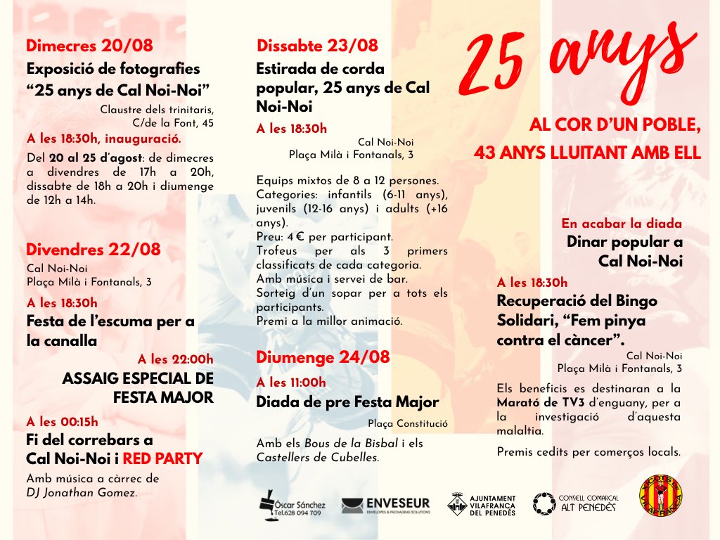 Xicots's tweet photo. Aquest any estem d'aniversari! 🥳
Celebrem 𝟐𝟓 𝐚𝐧𝐲𝐬 𝐝𝐞 𝐂𝐚𝐥 𝐍𝐨𝐢-𝐍𝐨𝐢 i volem celebrar-ho amb una programació plena d'activitats per a tots els gustos! Us hi esperem!
#ADNperlahistòria #SOMADN #SomXicots #SomXicotes #FemPinyaContraelCàncer #castells https://t.co/BsDrqfl1QY