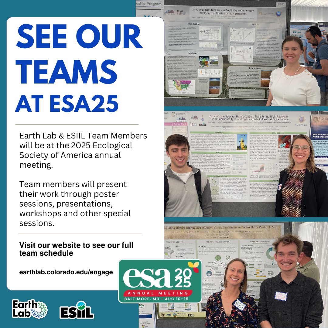EarthLabCU's tweet image. See Earth Lab &amp;amp; @CU_ESIIL team members at #ESA2025!  Learn more about our team members sessions here: esiil.org/news-events/es…