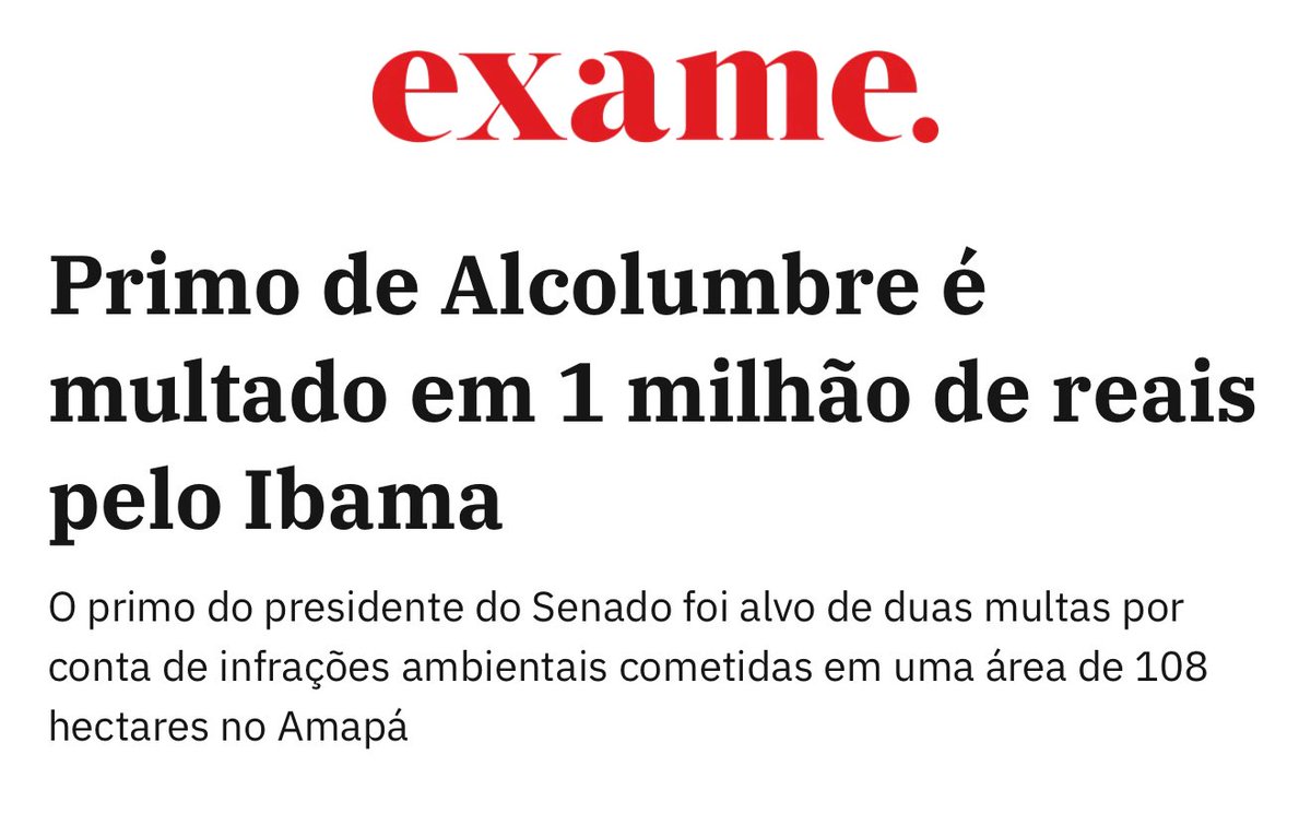 guikilter's tweet photo. Salomão Alcolumbre (primo) e Pierre Alcolumbre (tio)

A Exame realizou uma apuração e constatou problemas fundiários na família Alcolumbre como a declaração de propriedades em áreas da União à Justiça Eleitoral, e uma dívida de R$ 1 milhão em multas ao Ibama.

Entre as autuações, destacam-se R$ 555 mil a Salomão Júnior por impedir regeneração vegetal e penalidade à Agro Alegria Ltda., que pertence à Pierre Alcolumbre, por desmatamento de 81 hectares em área protegida, conforme a Revista Oeste.

Em 2019, como presidente do Senado, Davi Alcolumbre assinou decreto que facilitou a regularização de terras griladas, supostamente beneficiando familiares.