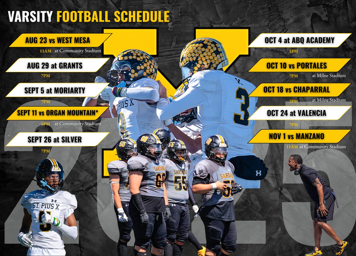 St. Pius X (ABQ) (@sartanx) on Twitter photo Get Ready for Football Season. The 2025 Sartan Football Schedule <a href="/SartanXFootball/">SartanXFootball</a> <a href="/thecoachflakes/">coachflakes</a> Get Ready for Football Season. The 2025 Sartan Football Schedule <a href="/SartanXFootball/">SartanXFootball</a> <a href="/thecoachflakes/">coachflakes</a>