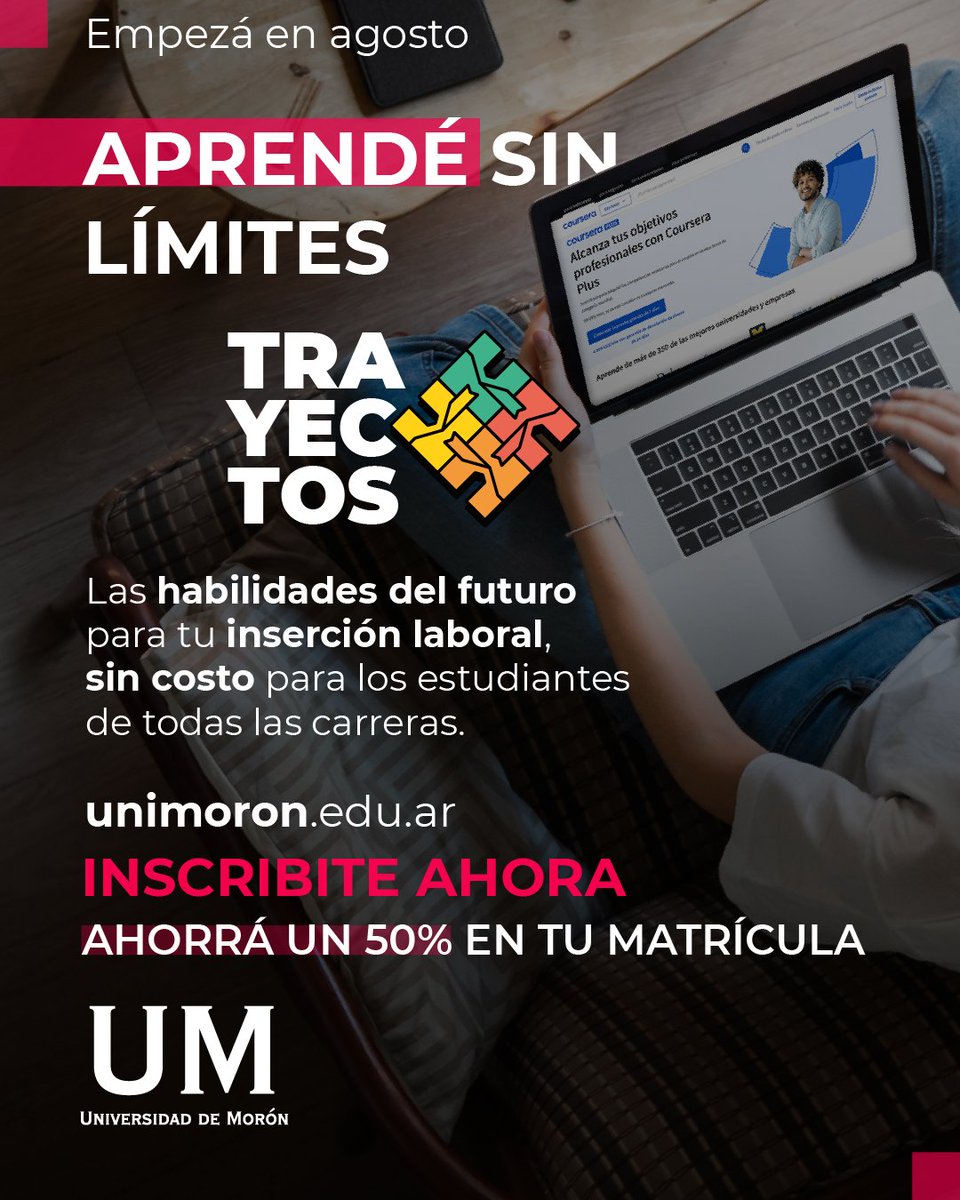 📣 ¡Últimos días para empezar en agosto y aprovechá un 50% OFF en la matrícula!

En la Universidad de Morón te damos las herramientas, sin costo, para que tu futuro profesional empiece con todo desde el primer día:
✅ Blackboard, la plataforma más usada por las mejores
