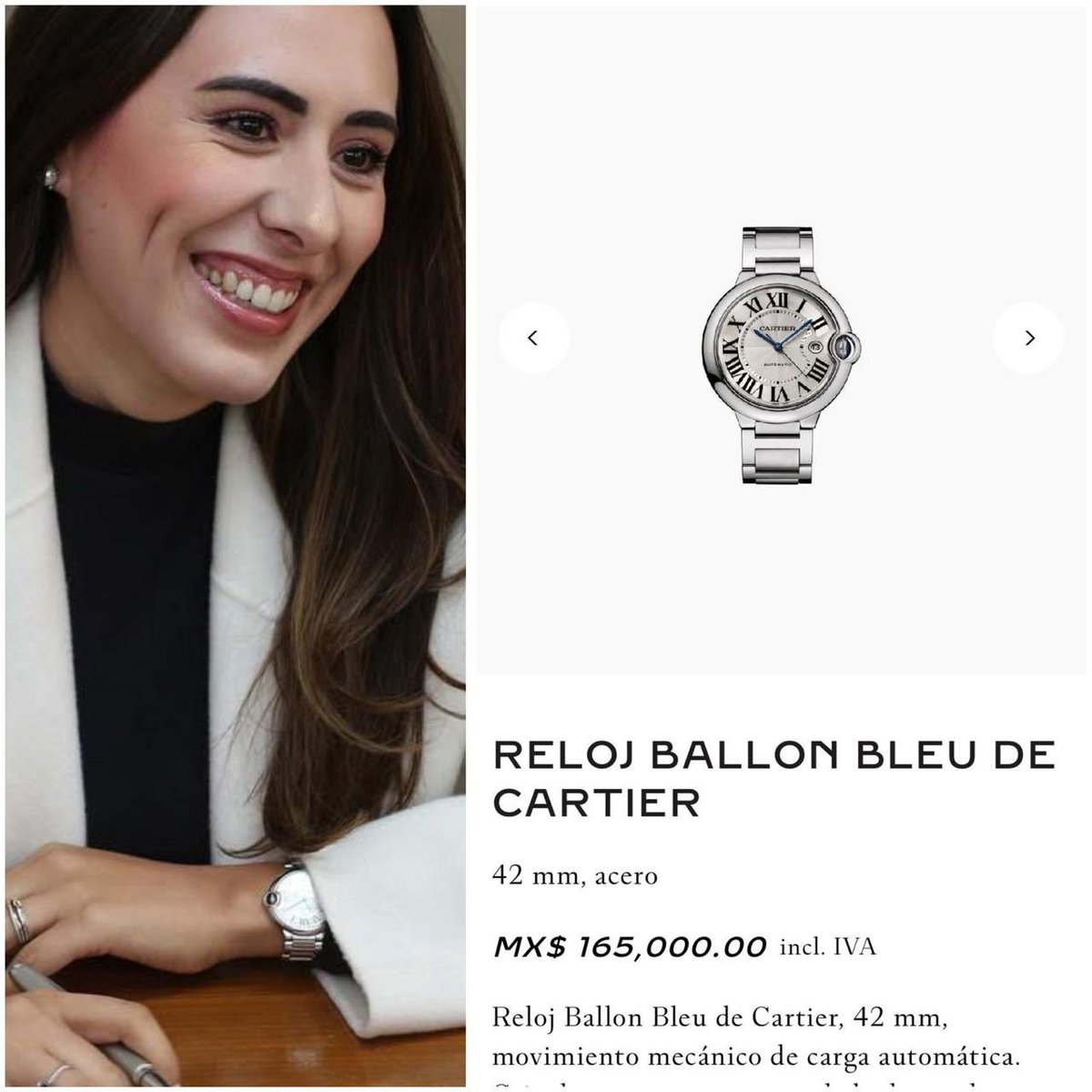La senadora de Morena, Cecilia Guadiana heredera del contratista millonario (y 3 veces perdedor de elecciones) Armando Guadiana nos muestra acá que ella también tiene bien puesto su Cartier Ballon Bleu de 165 mil pesos. Porque la revolución o será de cartier o no será.