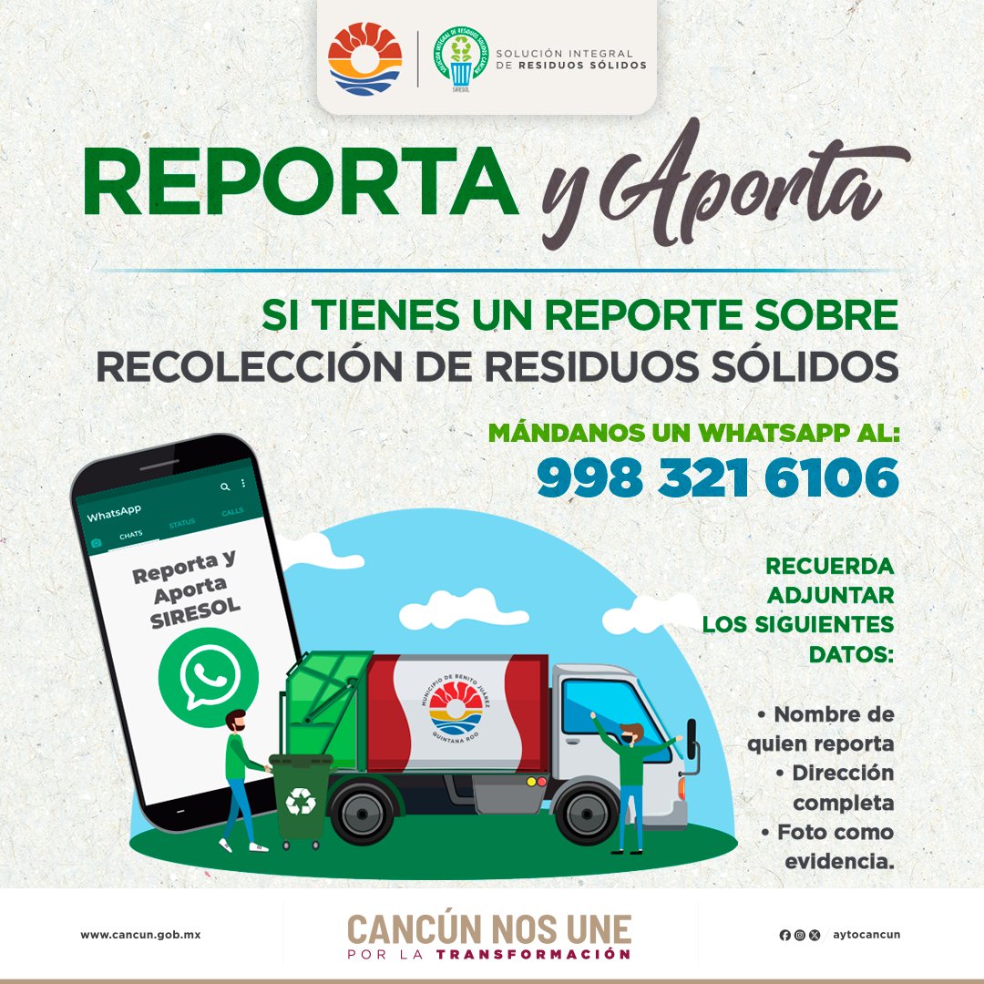 Tu participación es importante para mantener Cancún limpio.
Si detectas algún problema en el servicio de recolección de basura doméstica, repórtalo a través de WhatsApp al 998 321 6106 .
Solo necesitas enviar: nombre, dirección, foto de evidencia.
<a href="/anapatyp/">Ana Patricia Peralta</a> <a href="/AytoCancun/">Ayto Benito Juárez</a>