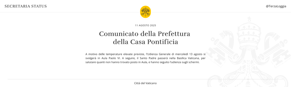 La prefectura de la casa pontificia informa que la audiencia de este miércoles 13 de Agosto será en la sala Paulo VI debido al aumento en la temperatura en #Roma