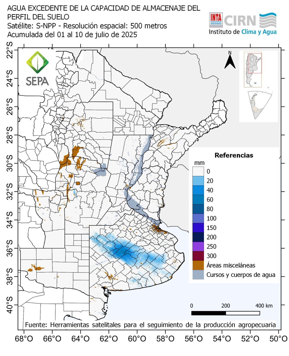 JorgeLMercau's tweet photo. 📣#SEPA @intaargentina
🆕MAPA #Agua #Excedente
Estima cuanto se genera x década. NO su destino.
Asume sale d sistema.

En la realidad se procesa en paisaje:
va a Napa, Bajos, Lagunas y/o Ríos

👇Excedentes asociados a
1 anegamiento SO-BA 1d Mzo
1+2+4 aneg O-BA
3 aneg NO-BA 2d May https://t.co/RJwnktxZDQ