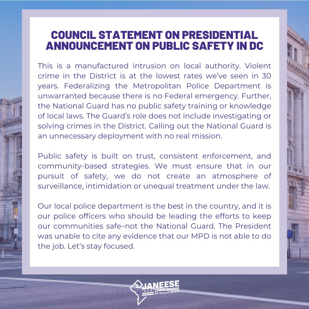 CMLewisGeorgeW4's tweet image. Taking over our police department and deploying hundreds of National Guard members is not the hard work of public safety – it is a show of force without impact. This is a manufactured intrusion on local authority.

Full statement: