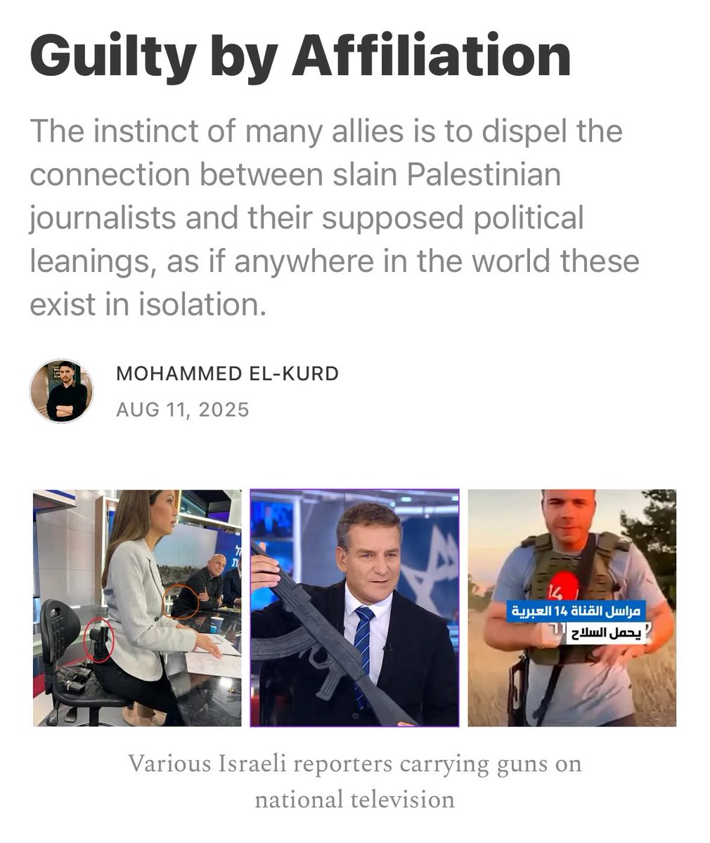 Sana Saeed (@sanasaeed) on Twitter photo From <a href="/m7mdkurd/">Mohammed El-Kurd</a>:
“The instinct of many defenders of Palestinians is to dispel the connection between the slain Palestinian media workers and their supposed political leanings, as if anywhere in the world these exist in isolation.
While it is demanded of us to distance ourselves From <a href="/m7mdkurd/">Mohammed El-Kurd</a>:
“The instinct of many defenders of Palestinians is to dispel the connection between the slain Palestinian media workers and their supposed political leanings, as if anywhere in the world these exist in isolation.
While it is demanded of us to distance ourselves