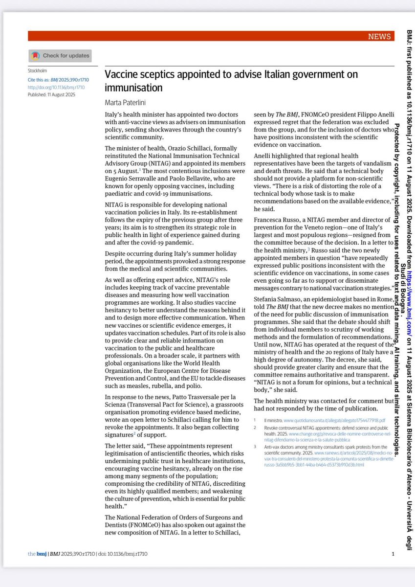 Sul British Medical Journal (BMJ), una delle più prestigiose riviste mediche al mondo, parlano dell’assurda gaffe del nostro ministero della salute con il comitato NITAG.
Che figuraccia.
