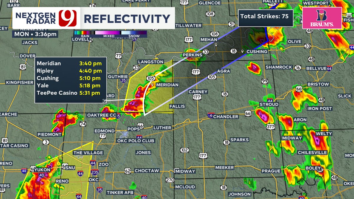 3:40 PM SEVERE STORM UPDATE: A storm north of the metro is moving NE at 25 mph. Wind, hail and heavy rain are the primary threats. Here are the times of arrival of the towns in it's path.