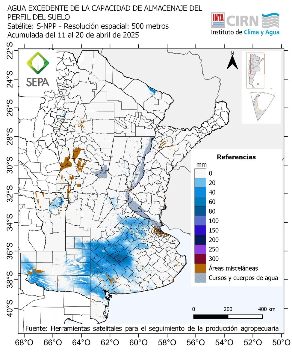 JorgeLMercau's tweet photo. 📣#SEPA @intaargentina
🆕MAPA #Agua #Excedente
Estima cuanto se genera x década. NO su destino.
Asume sale d sistema.

En la realidad se procesa en paisaje:
va a Napa, Bajos, Lagunas y/o Ríos

👇Excedentes asociados a
1 anegamiento SO-BA 1d Mzo
1+2+4 aneg O-BA
3 aneg NO-BA 2d May https://t.co/RJwnktxZDQ