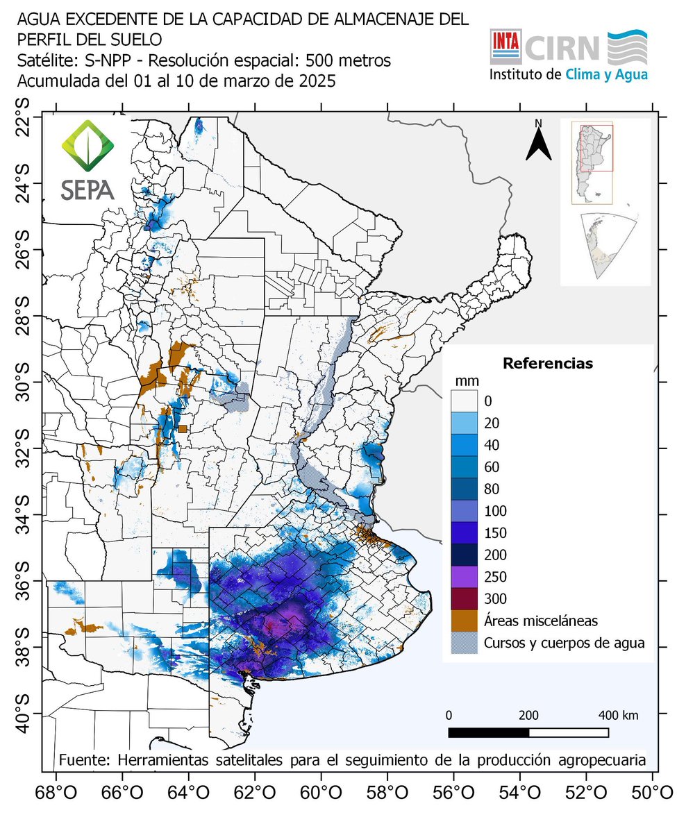 JorgeLMercau's tweet photo. 📣#SEPA @intaargentina
🆕MAPA #Agua #Excedente
Estima cuanto se genera x década. NO su destino.
Asume sale d sistema.

En la realidad se procesa en paisaje:
va a Napa, Bajos, Lagunas y/o Ríos

👇Excedentes asociados a
1 anegamiento SO-BA 1d Mzo
1+2+4 aneg O-BA
3 aneg NO-BA 2d May https://t.co/RJwnktxZDQ