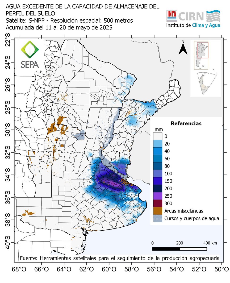JorgeLMercau's tweet photo. 📣#SEPA @intaargentina
🆕MAPA #Agua #Excedente
Estima cuanto se genera x década. NO su destino.
Asume sale d sistema.

En la realidad se procesa en paisaje:
va a Napa, Bajos, Lagunas y/o Ríos

👇Excedentes asociados a
1 anegamiento SO-BA 1d Mzo
1+2+4 aneg O-BA
3 aneg NO-BA 2d May https://t.co/RJwnktxZDQ
