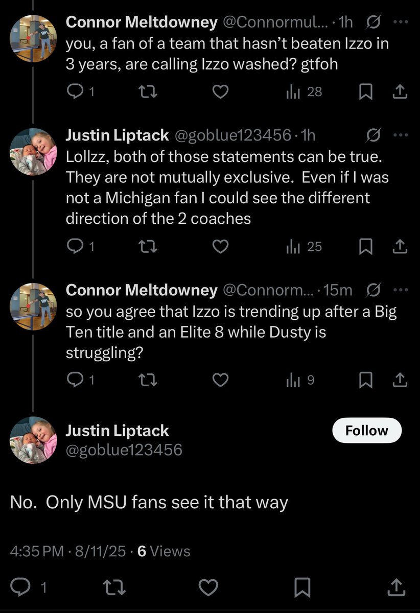Izzo is apparently “trending down” after winning the Big 10 and making the Elite 8 while Dusty May is “trending up” after going 0-2 against him.

Michigan fans are the only people who could twist their minds into this type of pretzel to try and prove a point.