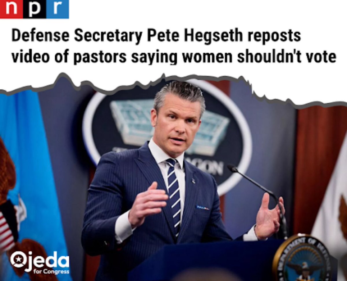 mjfree's tweet photo. NOW: Pete Hegseth just amplified a preacher who thinks women shouldn’t be allowed to VOTE.
This from the man who commands thousands of women in uniform from his Pentagon office.
Is he drunk? https://t.co/uWNeDjqomy