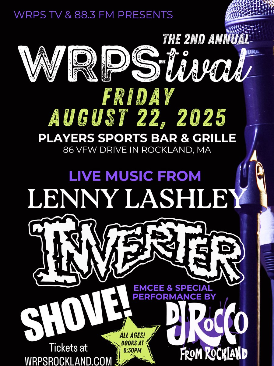 We can’t wait! 👏👏

2nd annual #WRPStival 8/22 Players in #Rockland! #Tickets WRPSRockland.com! 

⭐️MC @djroccofromrockland with a special performance! 
🎤Lenny Lashley
🤘Inverter
🙌Shove!

All proceeds go to the WRPS #Scholarship Fund. #allages #concert #bostonmusic