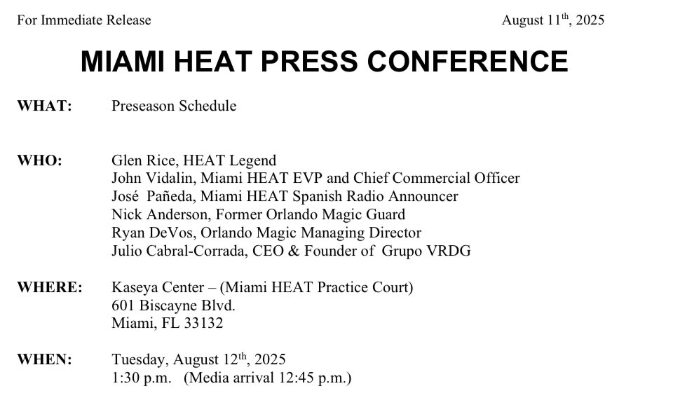 #Magic managing director Ryan DeVos and Nick Anderson will be in attendance for a Tuesday afternoon press conference in South Florida with Heat representatives regarding the preseason schedule, Miami announced.