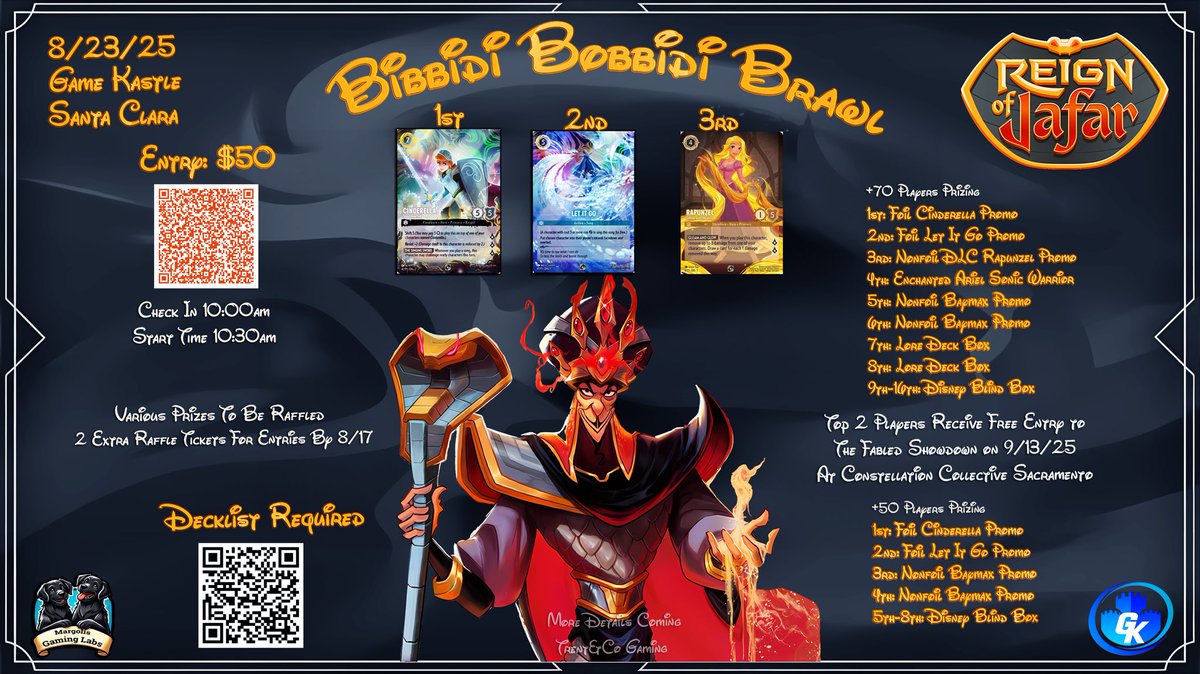 Now that set champs is over, let’s finish set 8 with a bang at the Bibbidi Bobbidi Brawl on 8/23/25 at GameKastle Santa Clara! Prizing includes Foil Top Cut Cinderella and Foil Let It Go!