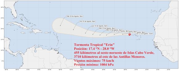 🌀En horas de la madrugada y la mañana de hoy el área de bajas presiones situada sobre el Atlántico oriental continuó ganando en organización e intensidad y se convirtió en la quinta tormenta tropical de la temporada, Erin. 

🔗acortar.link/vIba9c